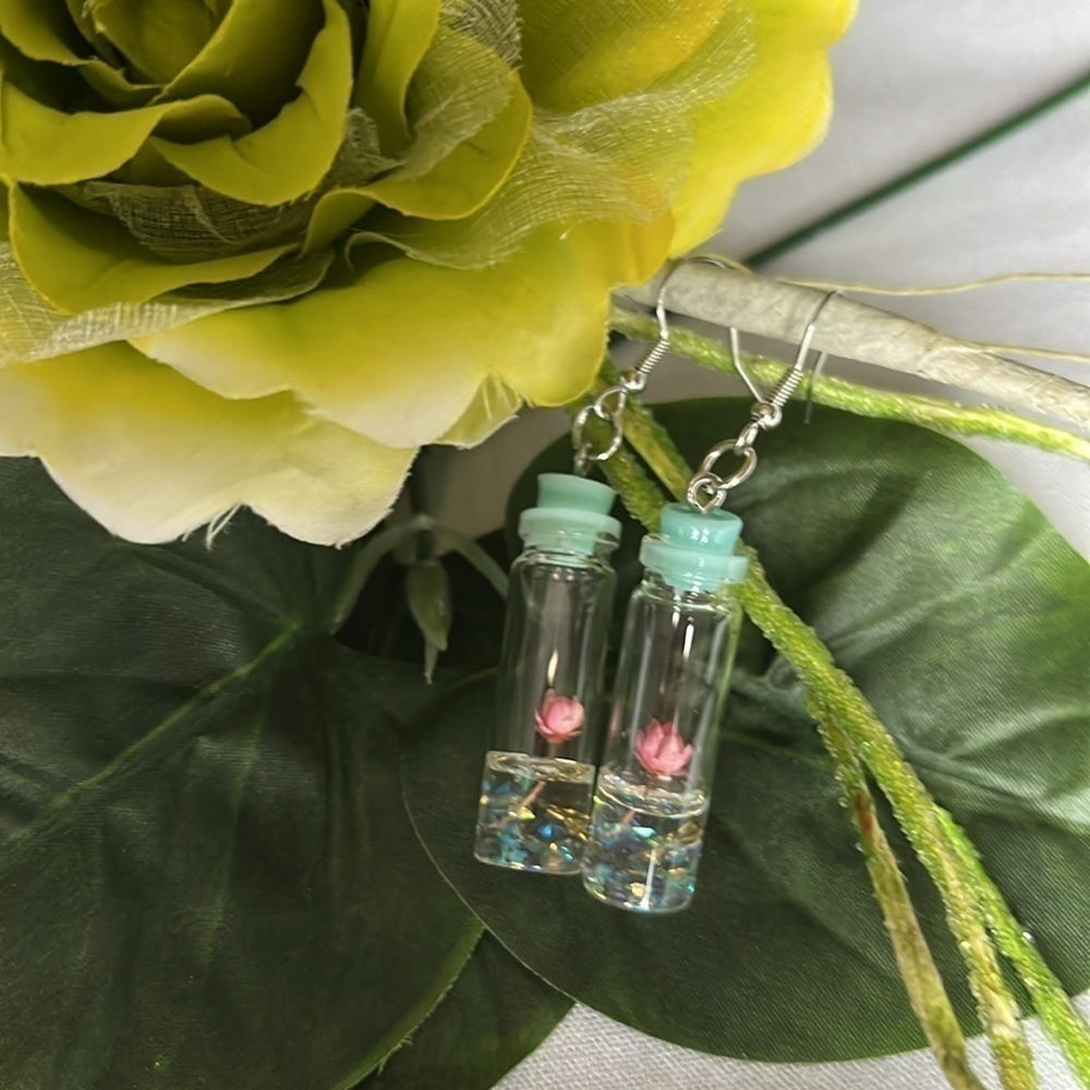 Mini bottle dried Flower Earrings Pink Botanical Resin Dangles